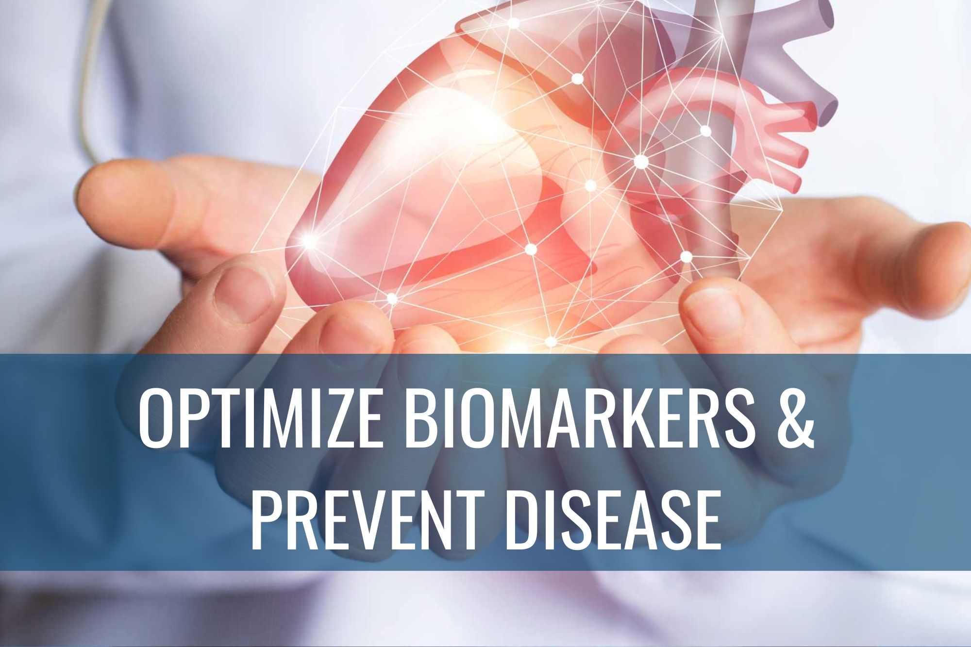 Two hands open palms up holding computerized bio markers and the words "Optimize bio markers and prevent disease."